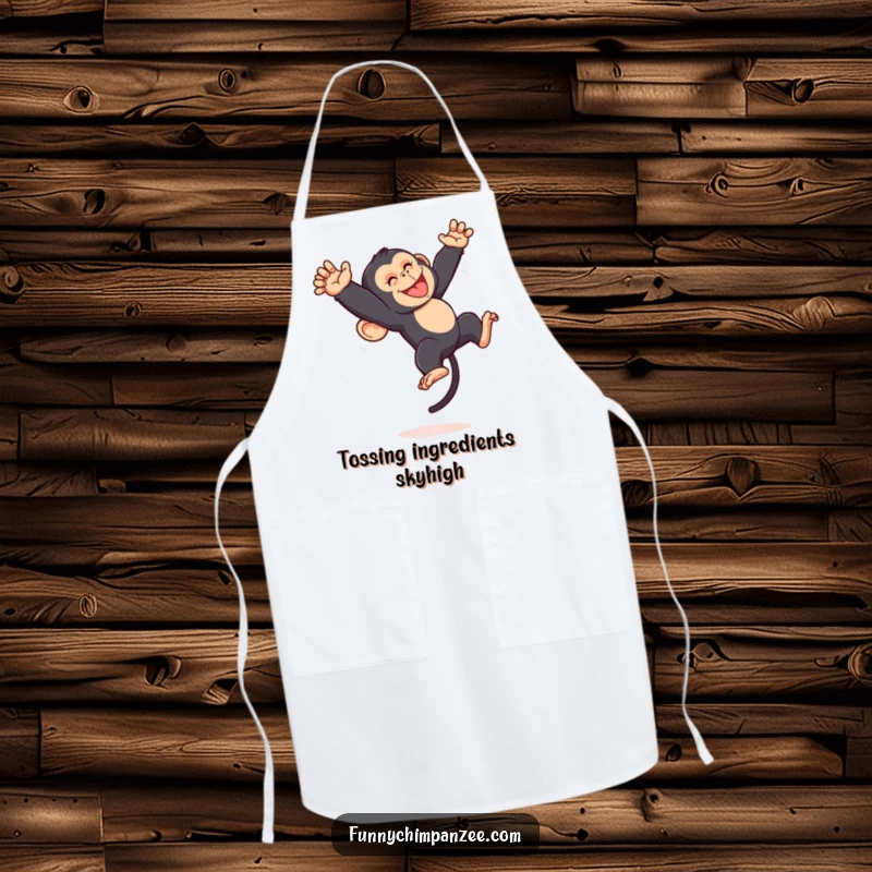 Funny Kawaii chimpanzee performing a playful somersault on a kitchen apron, its energetic movement adding a fun jungle twist to cooking.