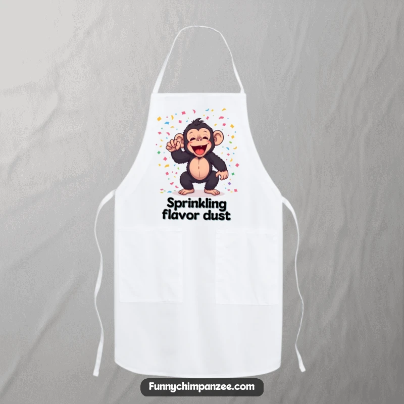 Funny kawaii chimpanzee tossing confetti on a kitchen apron, for humorous and festive meal preparation.