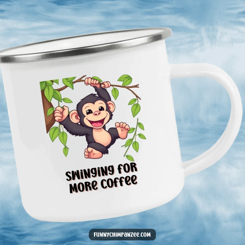 Funny Kawaii chimpanzee swinging from a vine on a durable camping mug, its wide grin adding a touch of playful jungle spirit outdoors.