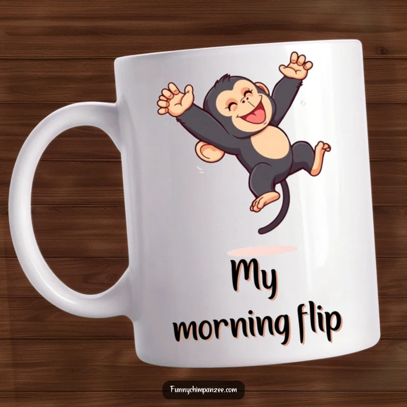 Funny Kawaii chimpanzee doing a dynamic, energetic somersault mid-air with a joyous expression, captured on a mug for fun.