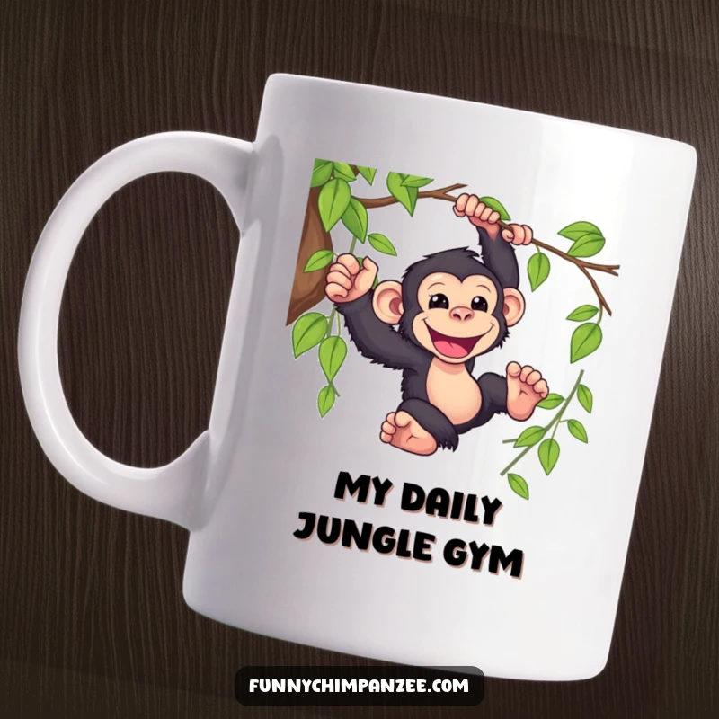 Funny Kawaii chimpanzee swinging gleefully from a leafy vine, a wide grin showing its playful jungle spirit, perfect for a mug gift.