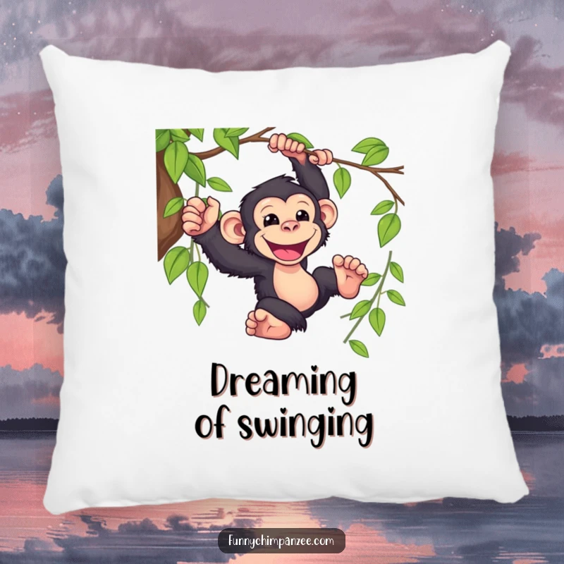 Funny Kawaii chimpanzee swinging with a huge grin on a soft pillow, bringing a playful and humorous jungle vibe to any room.