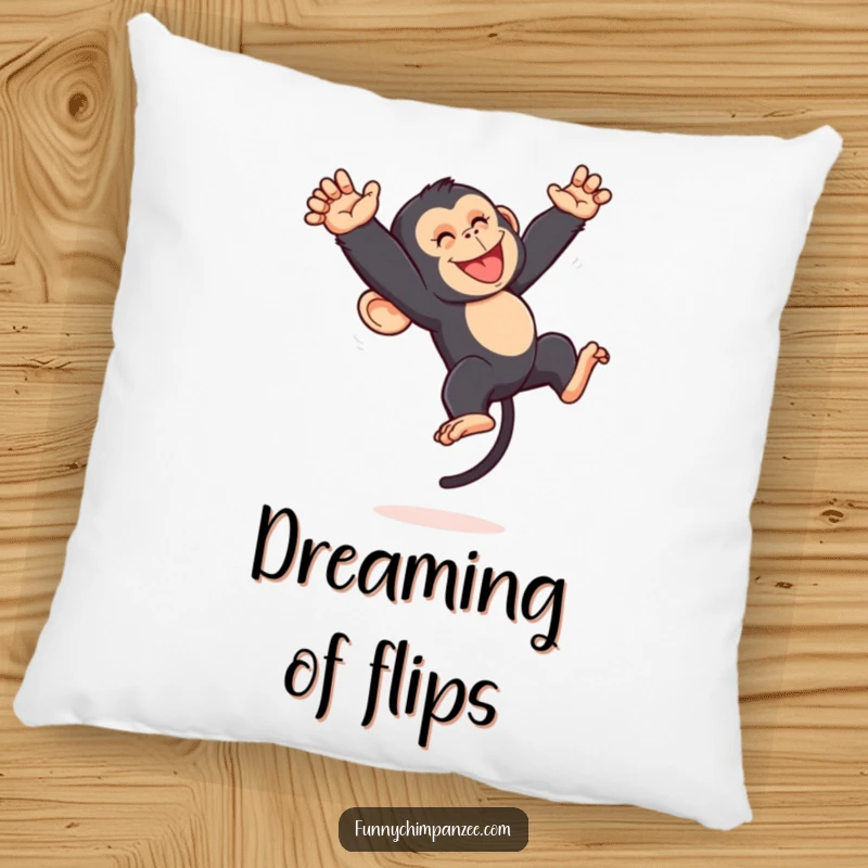 Funny Kawaii chimpanzee mid-somersault on a soft pillow, its energetic pose and joyful expression adding a playful jungle vibe.