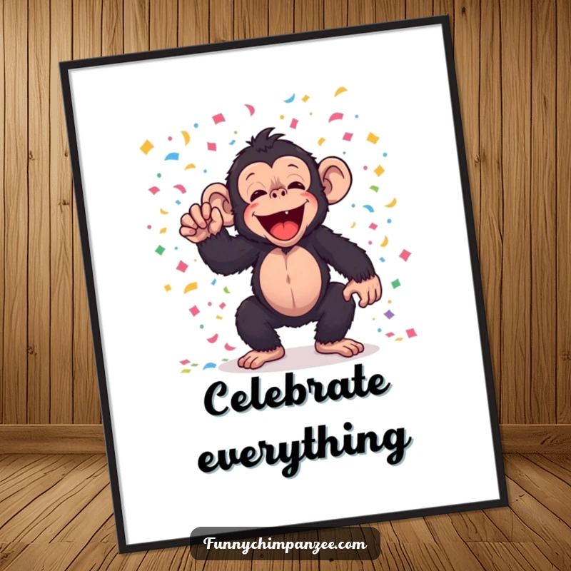 Funny kawaii chimpanzee artwork tossing confetti, available as a digital download for humorous and festive decor.