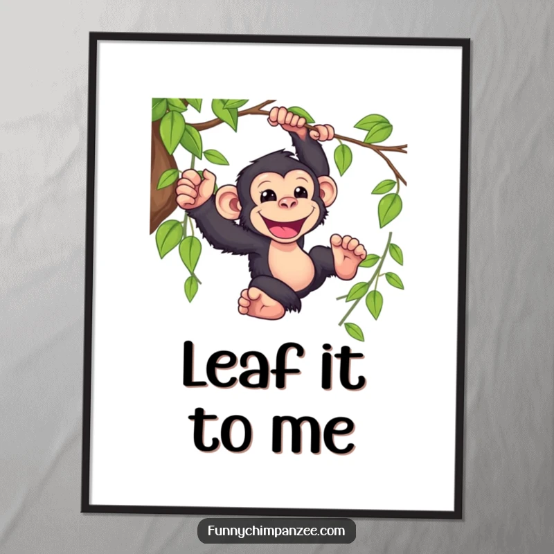 Funny Kawaii chimpanzee dynamically swinging from a leafy vine, its wide grin radiating infectious jungle happiness, perfect for digital art.