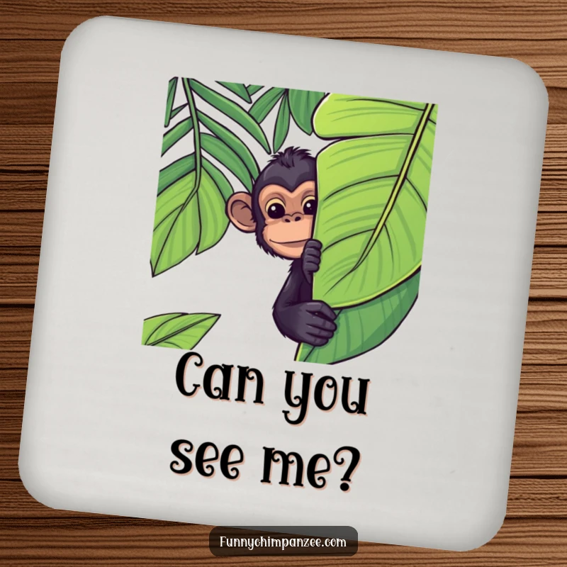 Funny Kawaii chimpanzee peeking from behind a lush jungle leaf on a drink coaster, offering playful protection with a shy grin.