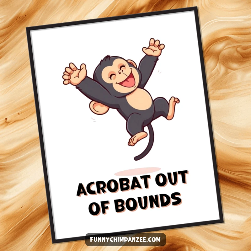 Funny Kawaii chimpanzee mid-somersault with an ecstatic grin on a poster, conveying pure, uninhibited jungle joy and energy.