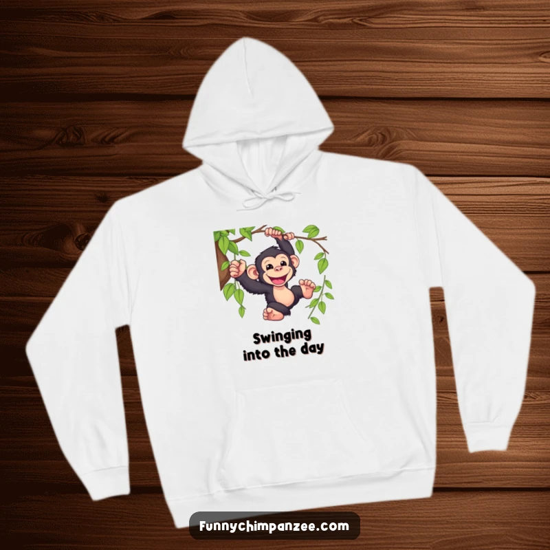 Funny Kawaii chimpanzee swinging from a vine on a cozy hoodie, its wide grin radiating infectious jungle happiness, ideal for a gift.