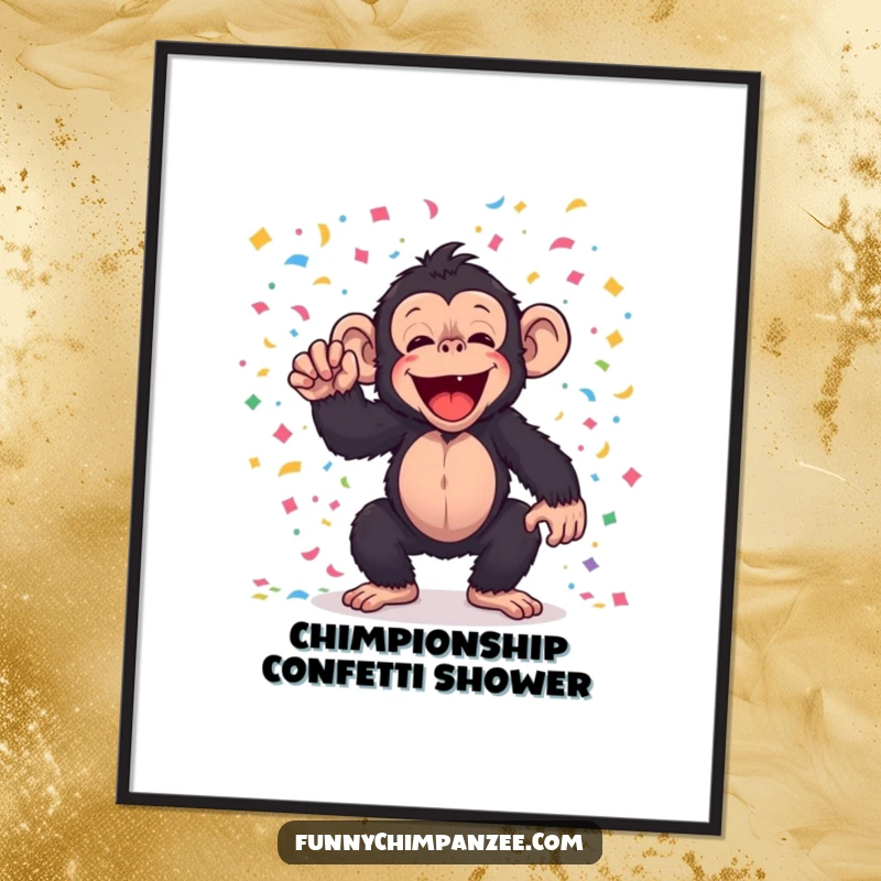 Funny Free Printable Wall Art: Kawaii chimpanzee joyfully tosses a vibrant explosion of colorful confetti.