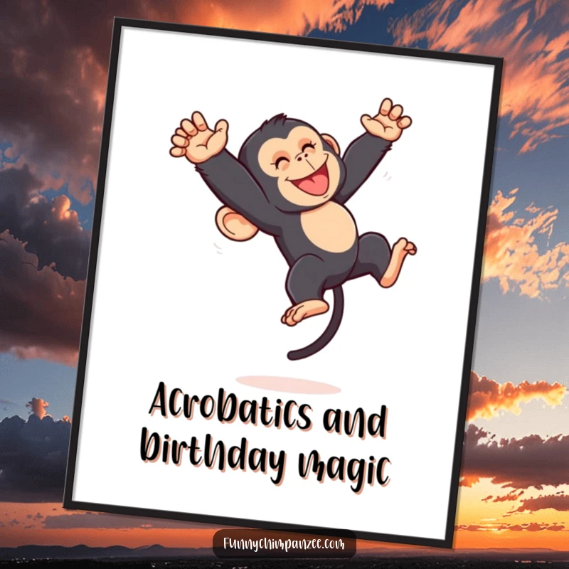 Funny Free Printable Wall Art: A vibrant illustration of a kawaii chimpanzee doing an energetic, joyful somersault in mid-air.