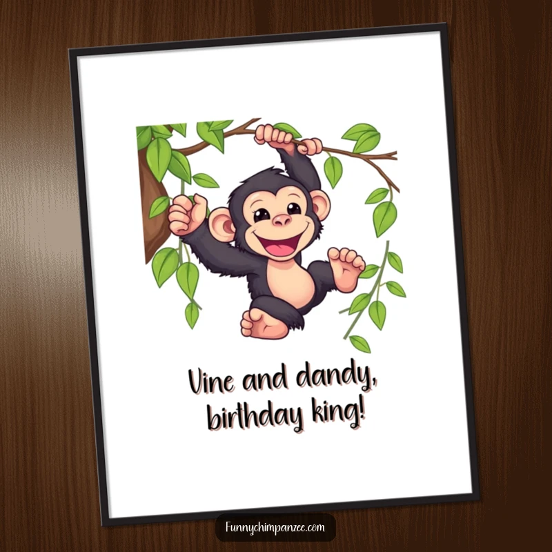 Funny Free Printable Wall Art: A vibrant illustration of a kawaii chimpanzee joyfully swinging from a leafy vine with a wide, happy grin.