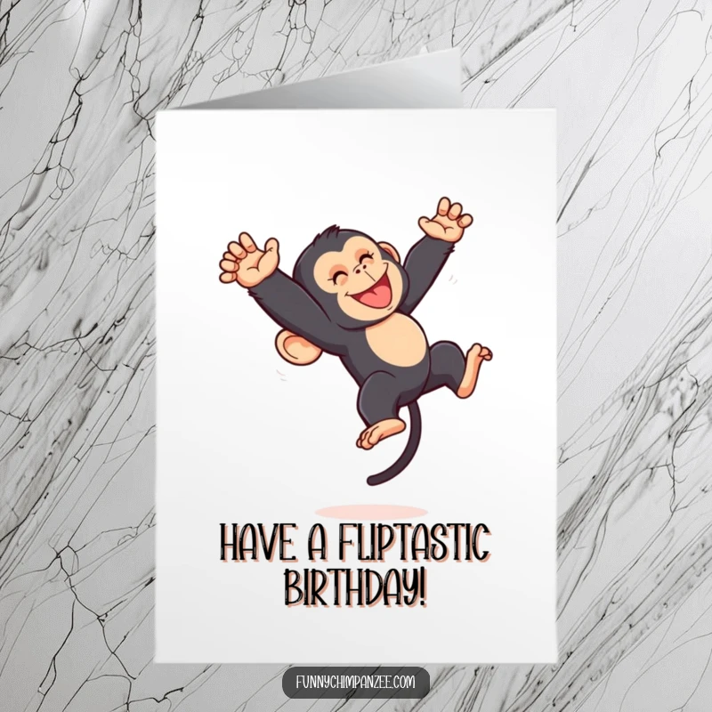 Funny Free Printable Birthday Card: A joyful kawaii chimpanzee performing a dynamic somersault high in the air with a big smile.
