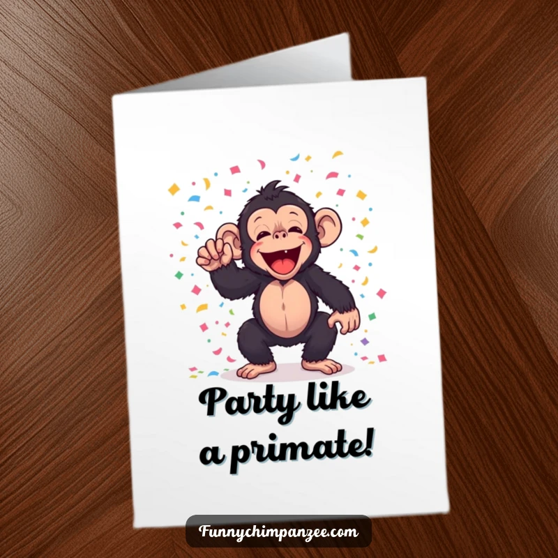 Funny Free Printable Birthday Card: Kawaii chimpanzee joyfully tosses bright colorful confetti in celebration.