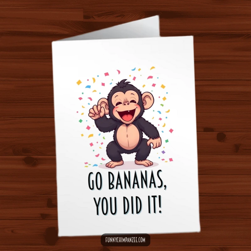 Funny Free Printable Congratulations Card: Kawaii chimpanzee gleefully throws handfuls of colorful confetti.