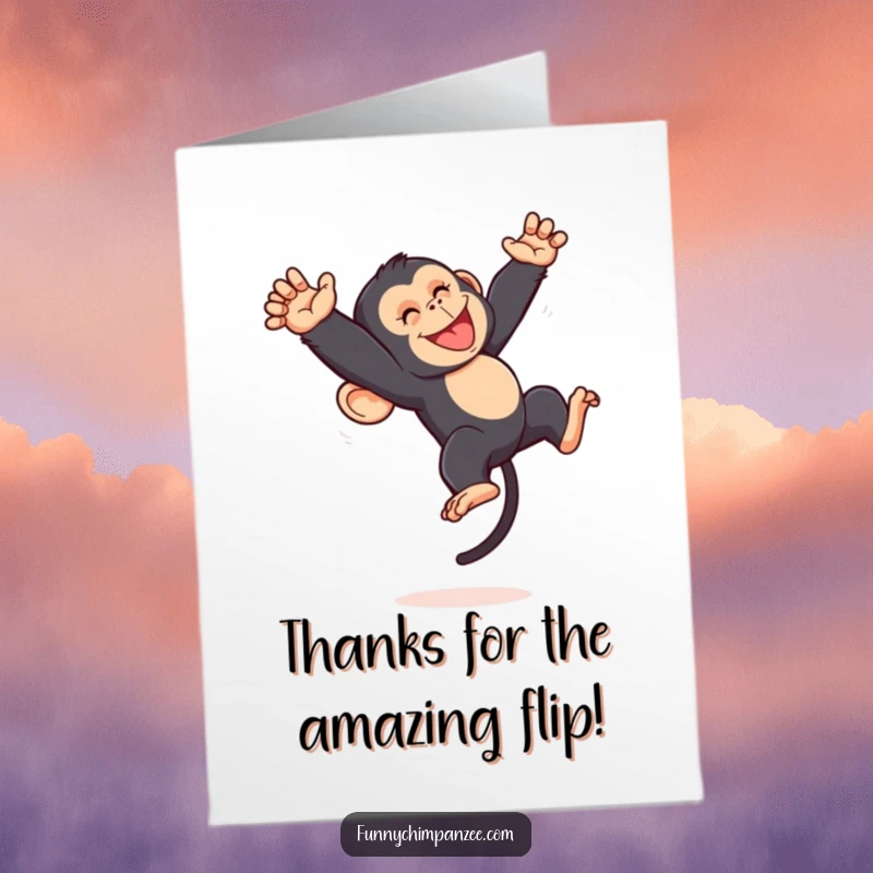Funny Free Printable Thank You Card: A cheerful kawaii chimpanzee doing an energetic somersault, showing enthusiastic thanks.