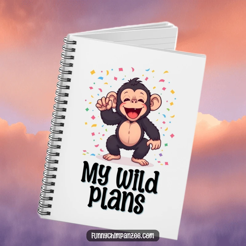 Funny kawaii chimpanzee tossing confetti on a notebook cover, for humorous and festive note-taking.
