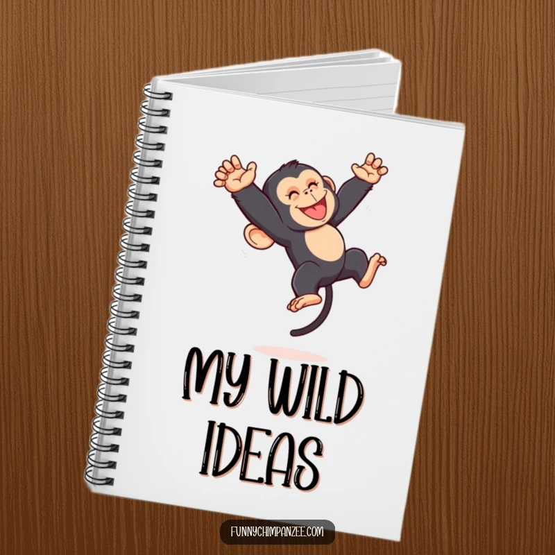 Funny Kawaii chimpanzee mid-somersault on a notebook cover, its energetic pose conveying a sense of playful action and creativity.
