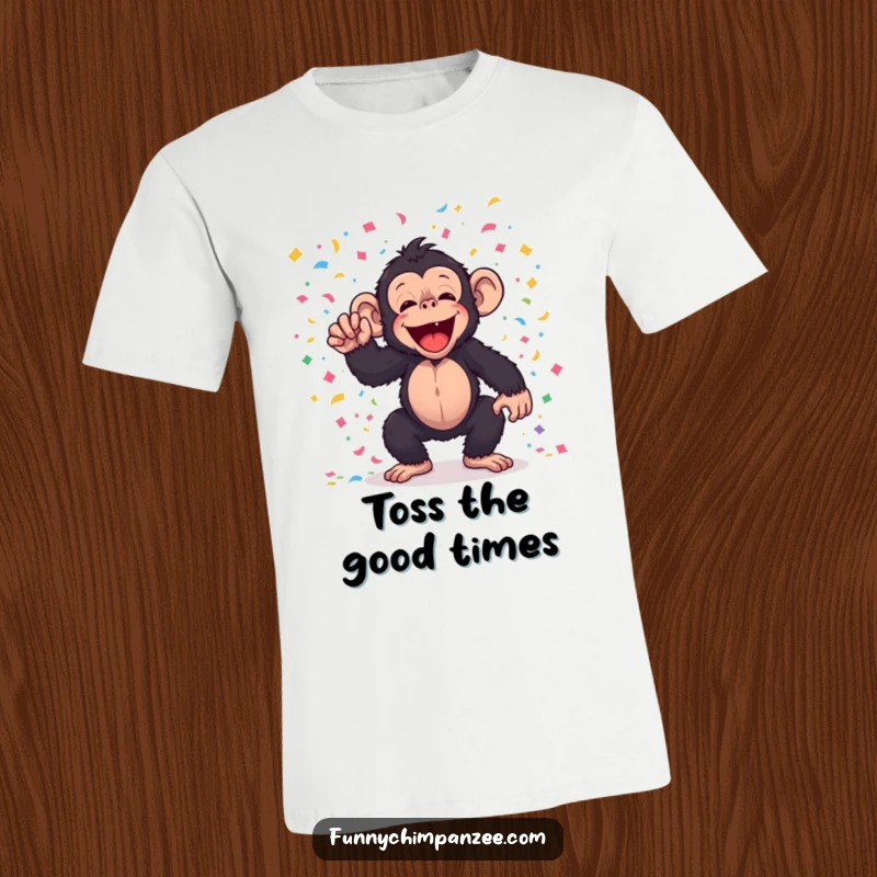 Funny kawaii chimpanzee joyfully tossing bright colorful confetti, printed on a t-shirt for festive fun.